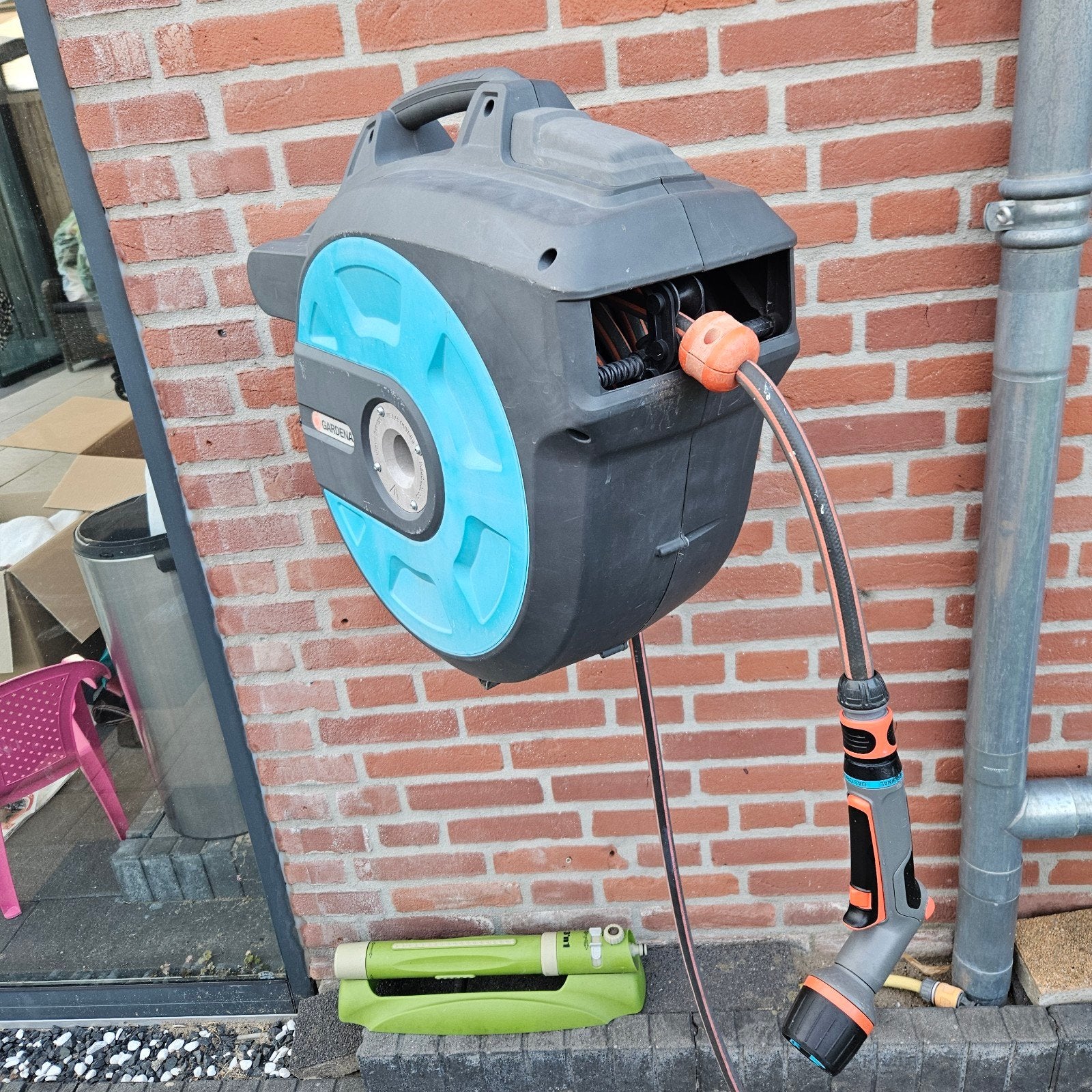 Gardena Tuinslanghaspel met slang en spuitpistool, Ophalen, Gebruikt, Tuinslanghaspel