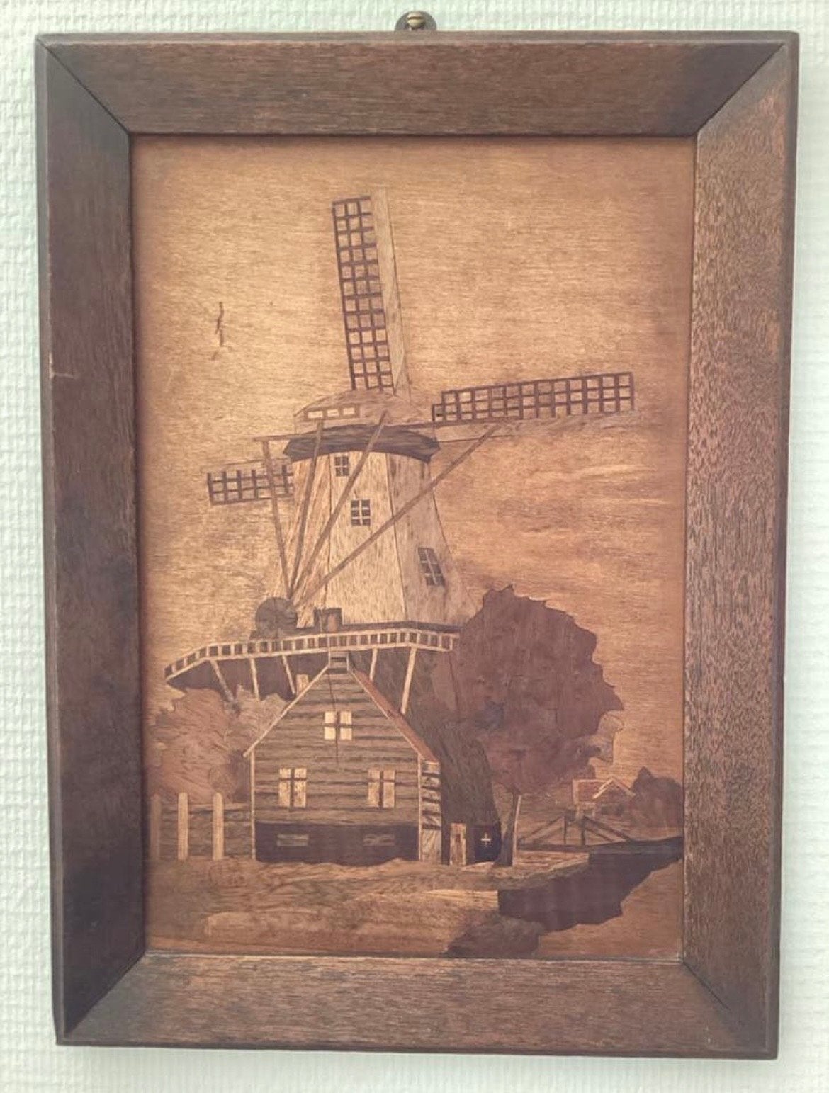 Vintage Houten Inlegwerk Molen Schilderij (medio 1920), Ophalen of Verzenden