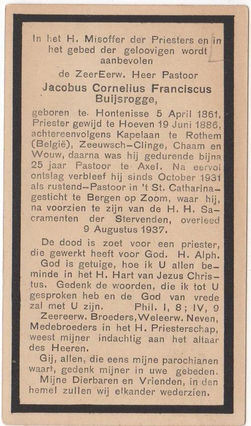 pastoor J. Buijsrogge 1861 Hontenisse + 1937 Bergen op Zoom, Verzenden