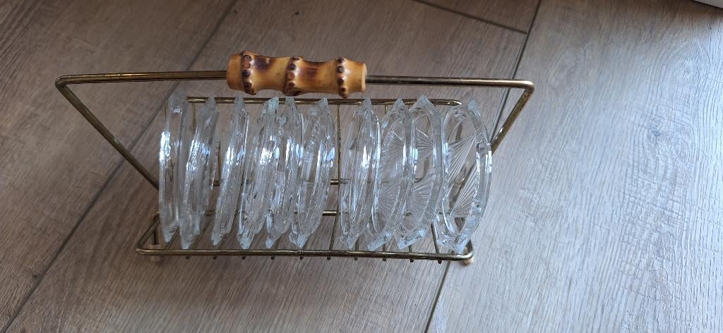 Vintage Glazen Onderzetters in houder, Antiek en Kunst, Curiosa en Brocante, Ophalen of Verzenden