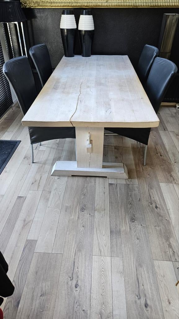 Massief eiken white wash tafel (200x87 cm), evt. met stoelen, Ophalen, Gebruikt, Landelijk, Modern, Scandinavisch, Eikenhout