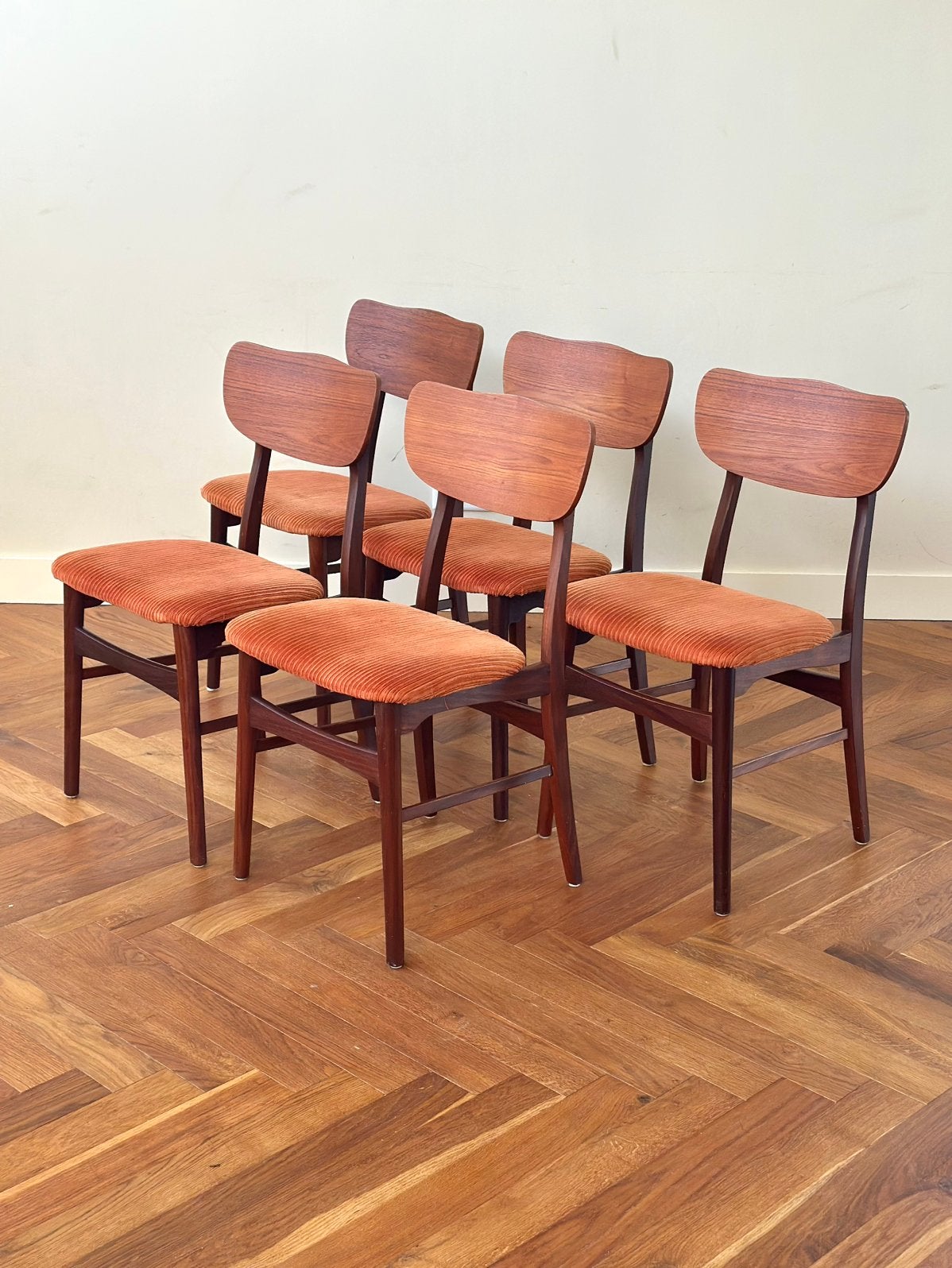 Set 5 vintage stoelen deens hout stof jaren 50/60/70, Huis en Inrichting, Ophalen, Hout, Gebruikt, Overige kleuren