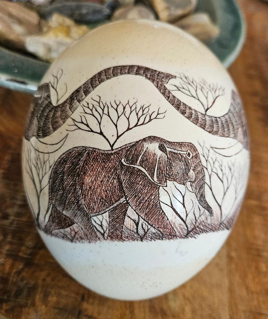 Gesigneerd Struisvogel Ei Petros - Handgegraveerd Scrimshaw, Ophalen of Verzenden