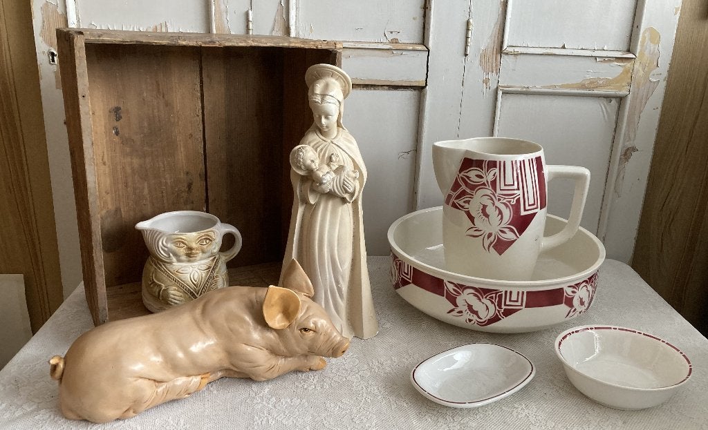 Brocante Lampetstel - Houten kistje - WG kannetje, Ophalen of Verzenden