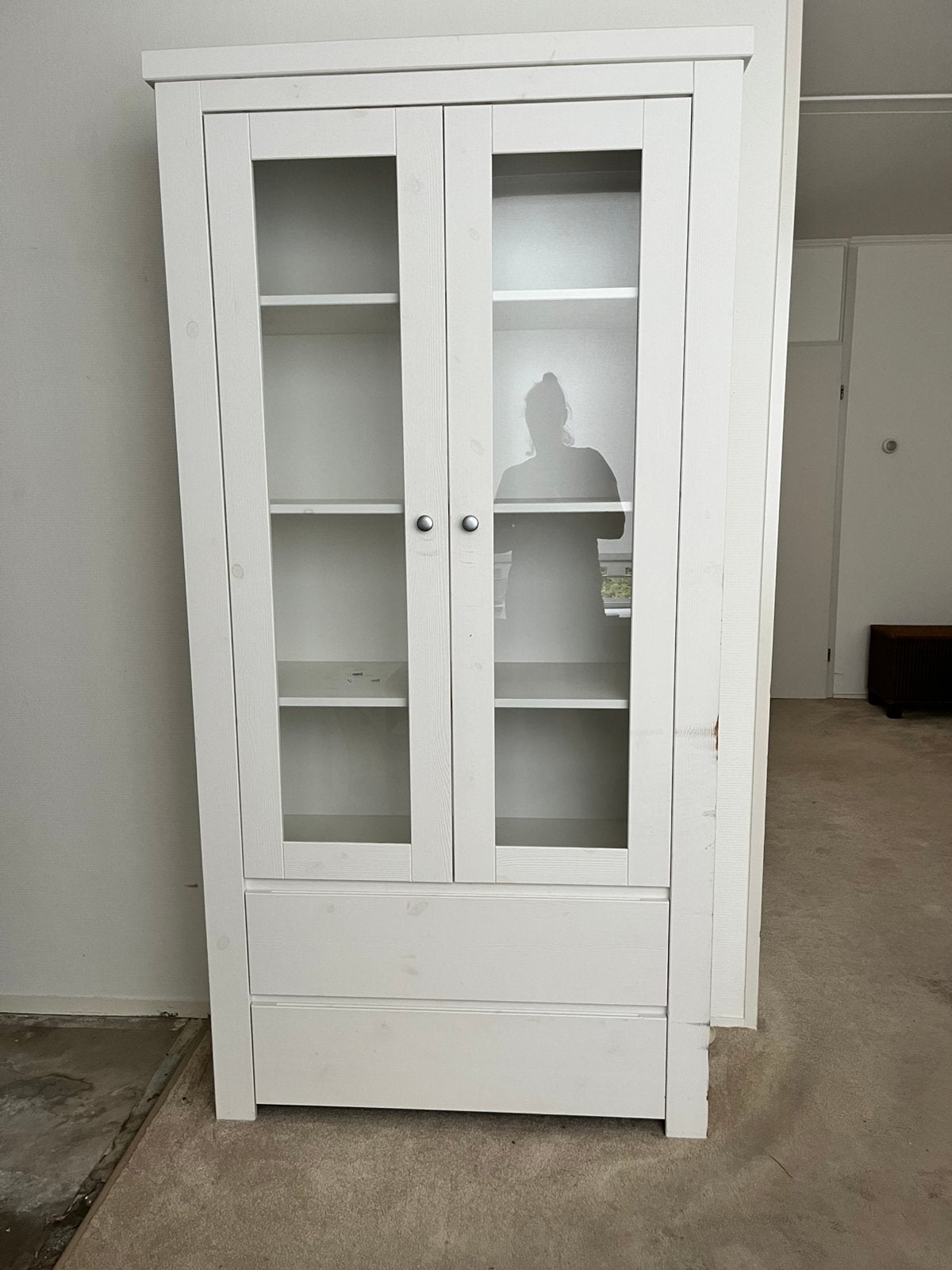 Witte vitrinekast met twee lades - 204x101x39 cm, Ophalen, Gebruikt, 100 tot 150 cm, 200 cm of meer
