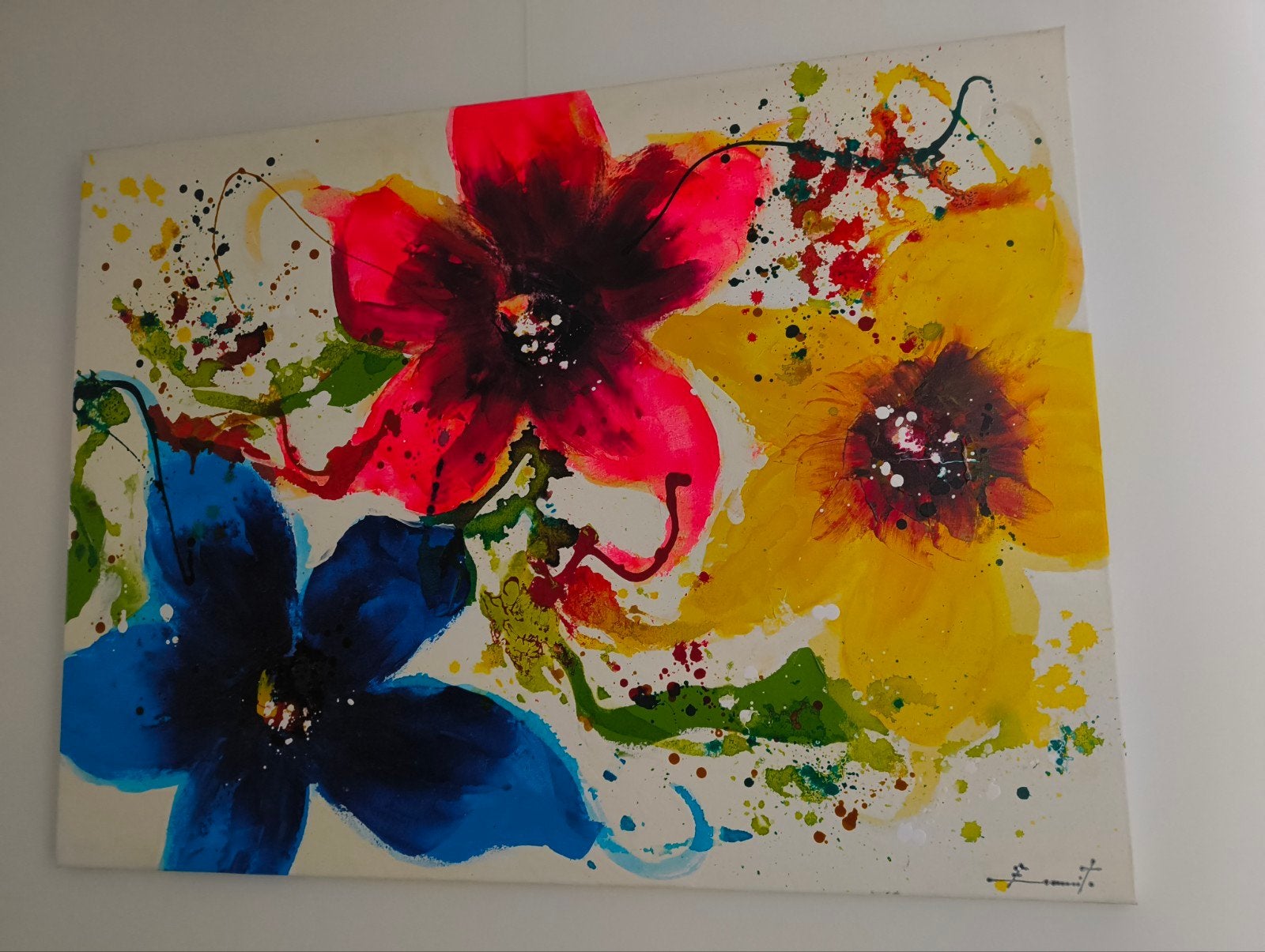 Groot, vrolijk en abstract schilderij met bloemen, Antiek en Kunst, Ophalen