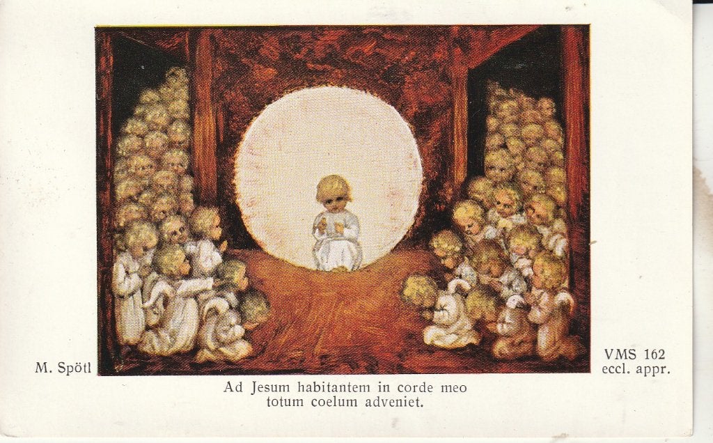 Vintage religieuze prent: Jezus en engelen, Ophalen of Verzenden, Gebruikt, Kaart of Prent, Christendom | Katholiek