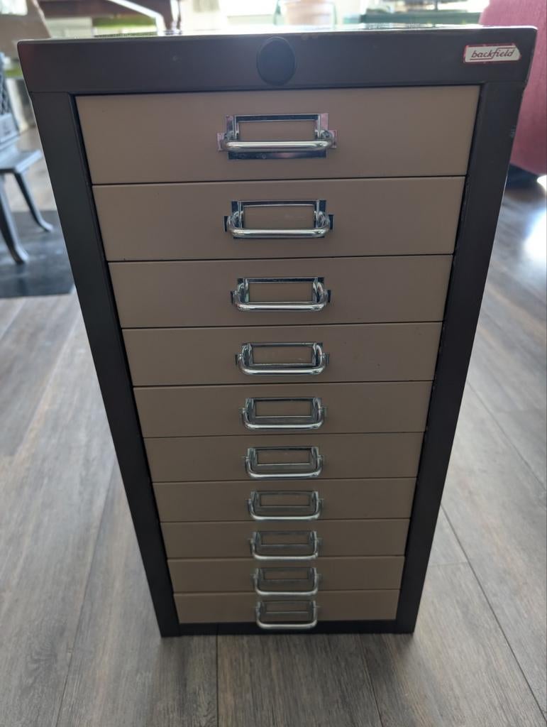 Vintage Backfield archiefkast met 10 Laden, Ophalen, Minder dan 50 cm, Gebruikt, Meerdere deuren