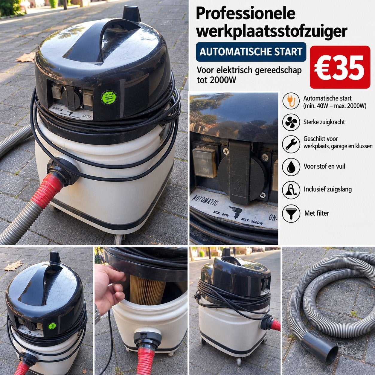 Professionele werkplaatsstofzuiger / bouwstofzuiger 2000W –, Ophalen of Verzenden, Gebruikt
