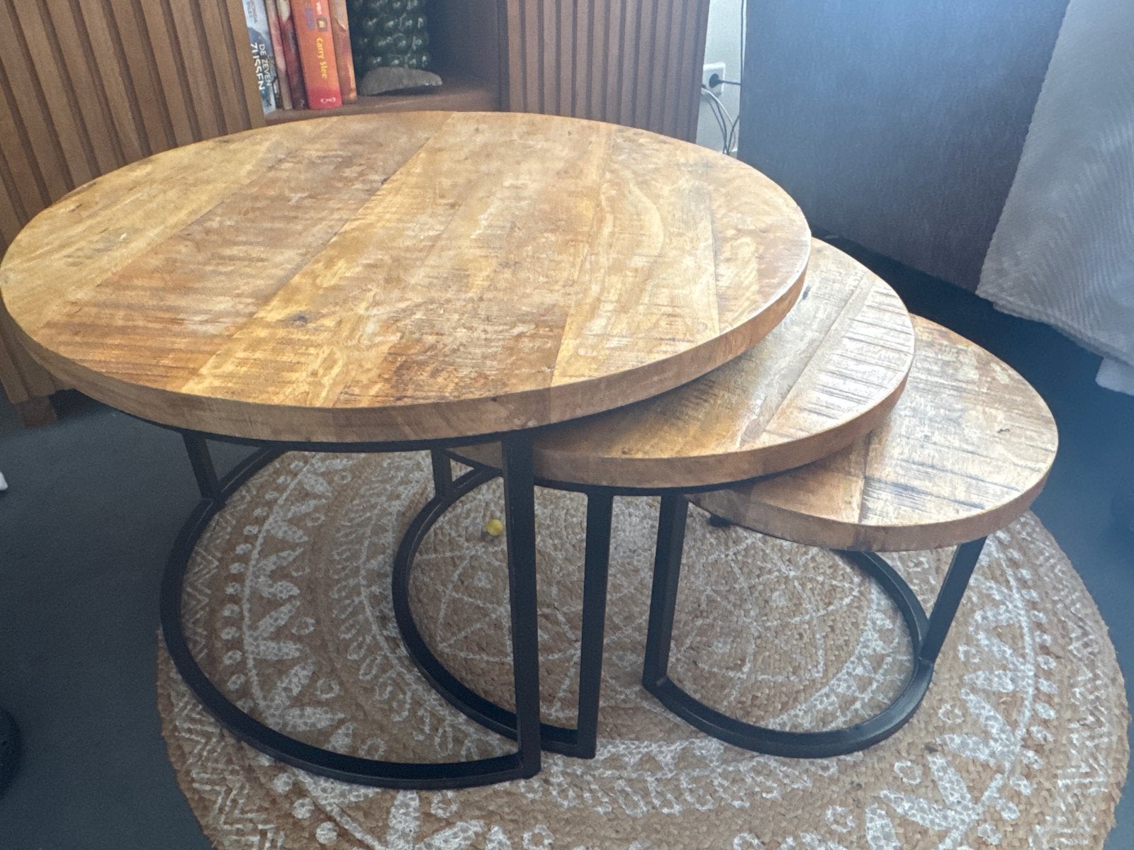 Set van 3 ronde salontafels van mangohout en metaal, Ophalen, Gebruikt, Rond, 50 tot 100 cm