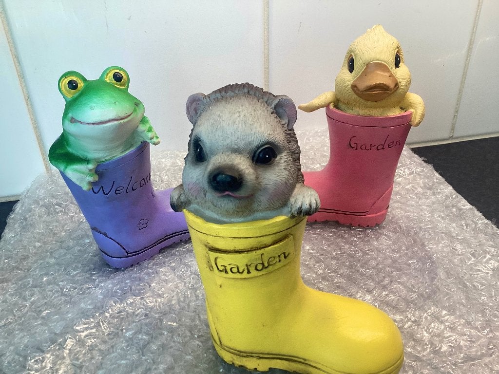 3 dieren tuinbeeldjes, Ophalen of Verzenden, Zo goed als nieuw, Kunststof, Dierenbeeld