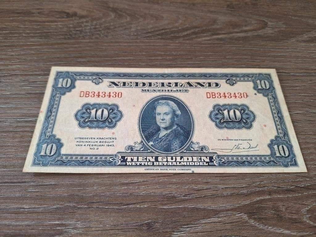 Prachtig biljet 10 gulden 1943, muntbiljet Wilhelmina, Ophalen of Verzenden, 10 gulden