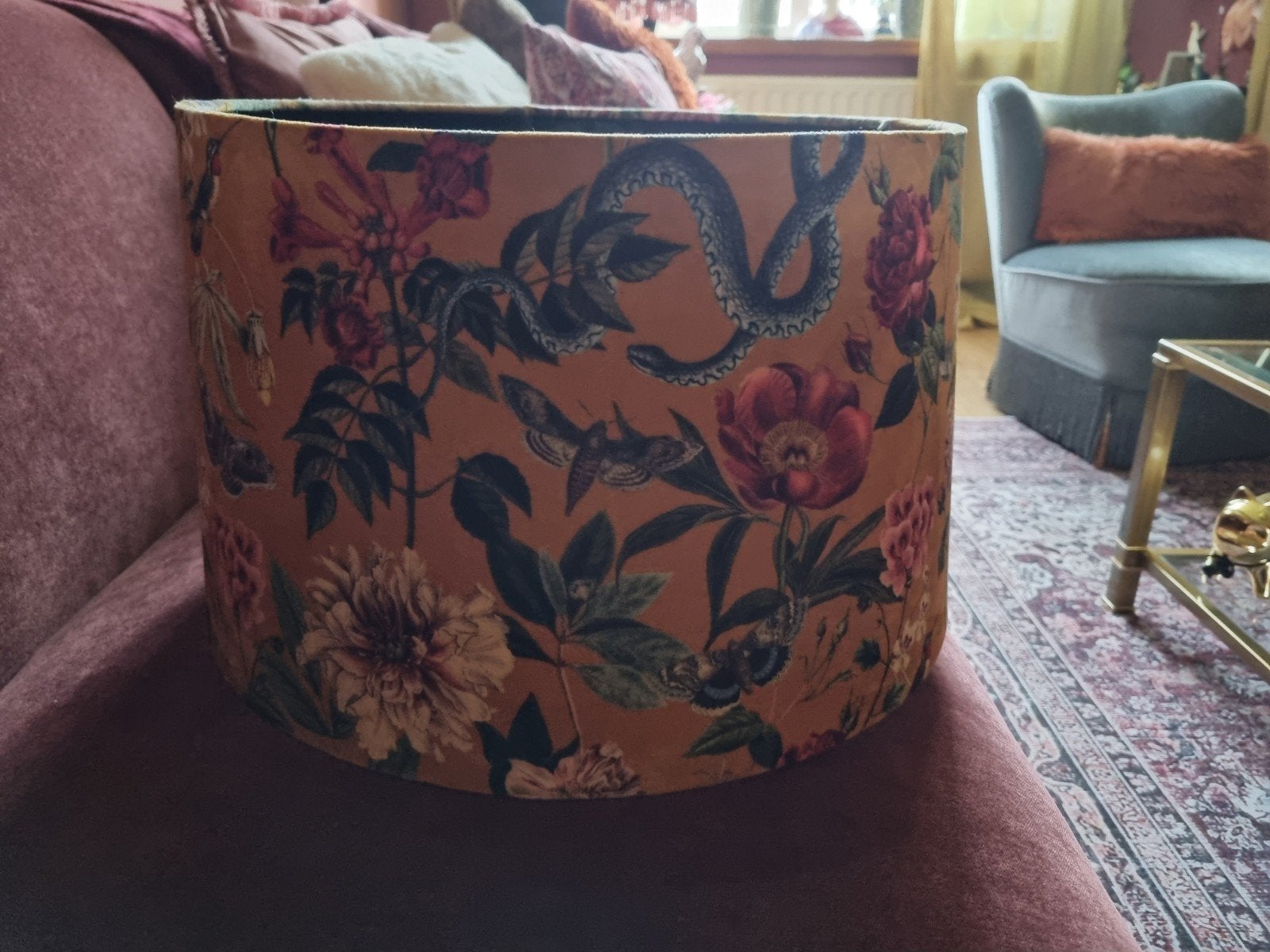 Prachtige fluwelen lampenkap met bloemenprint, Bruin, 25 tot 50 cm, Rond, Ophalen of Verzenden
