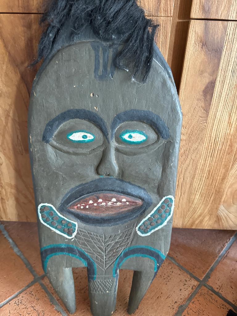 Vintage Afrikaans Houten Masker met Haar, Ophalen of Verzenden