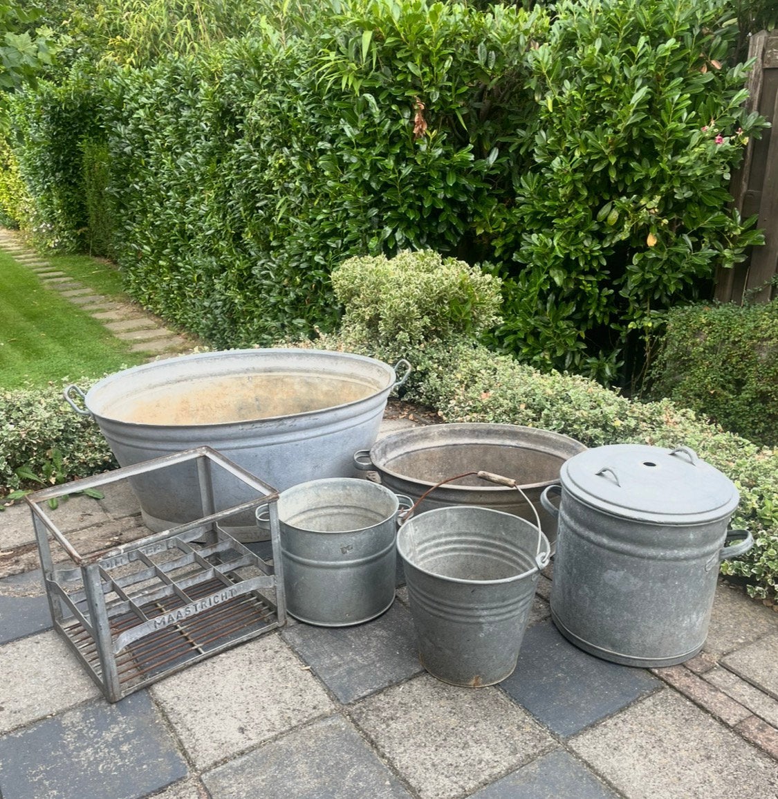 Zinken teilen en wastobbes, Tuin en Terras, Ophalen, Gebruikt, Rond, Metaal