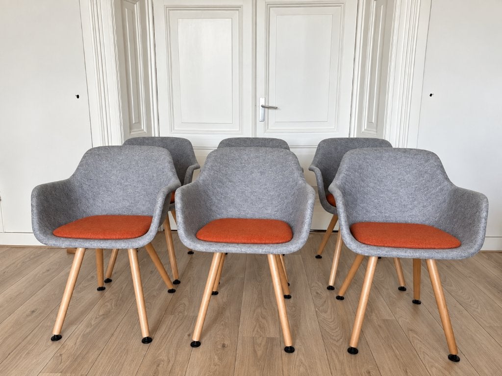 6 Vepa Felt design eetkamerstoelen - grijs/oranje -set, Huis en Inrichting, Ophalen, Gebruikt, Design, modern, scandinavisch, dutch design