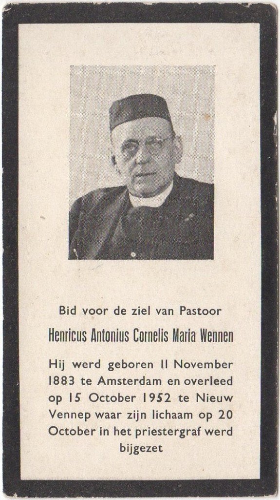 pastoor Henricus A.C. Wennen 1883 Amsterdam + 1952 Nw Vennep, Verzenden