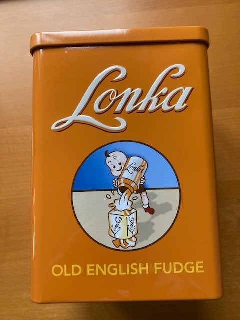 Lonka, old english fudge karamel blik oranje 13 x 13 x 18, Verzamelen, Ophalen, Zo goed als nieuw, Overige