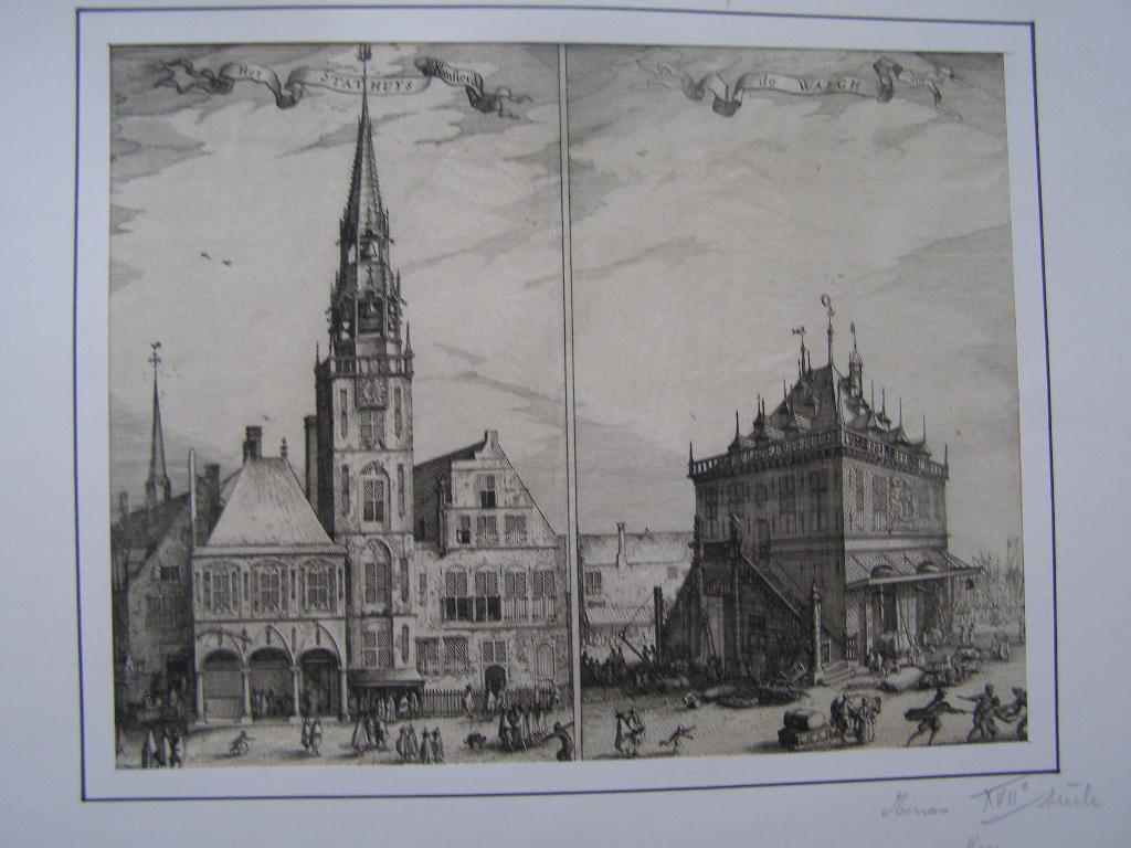 dubbele gravure Het Stathuys en De Waegh in Amsterdam 1625, Antiek en Kunst, Kunst | Etsen en Gravures, 25 cm, Stadsgezicht, Origineel
