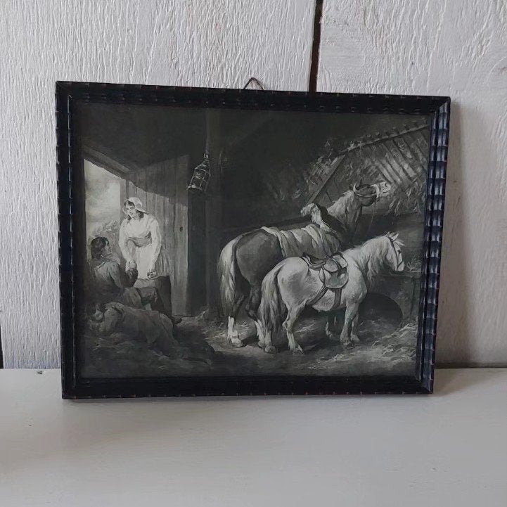 Oude prent paarden oud lijstje wanddecoratie Vintage paard, Ophalen of Verzenden, Minder dan 50 cm, Schilderij