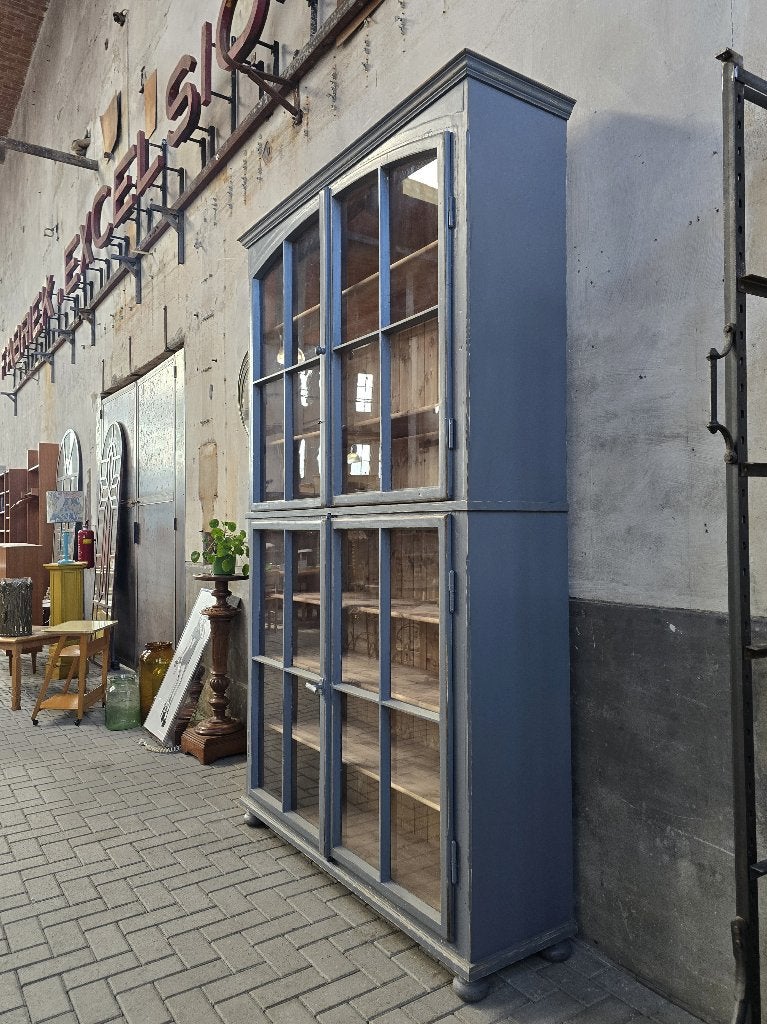 XL Vintage Houten Vitrinekast Blauw Grijs Grote Vitrine Kast, Huis en Inrichting, Antiek Retro Vintage Brocante Landelijk, 200 cm of meer