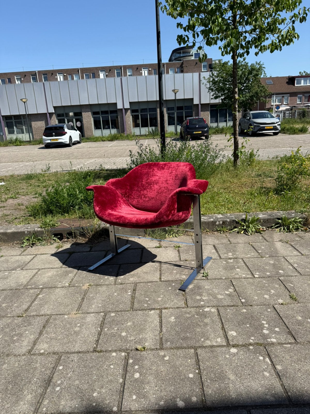 Vintage verlours & chrome fauteuil, Kembo ‘60, Stof, Vintage retro buisframe design rotan webbing papercord deens, Minder dan 75 cm