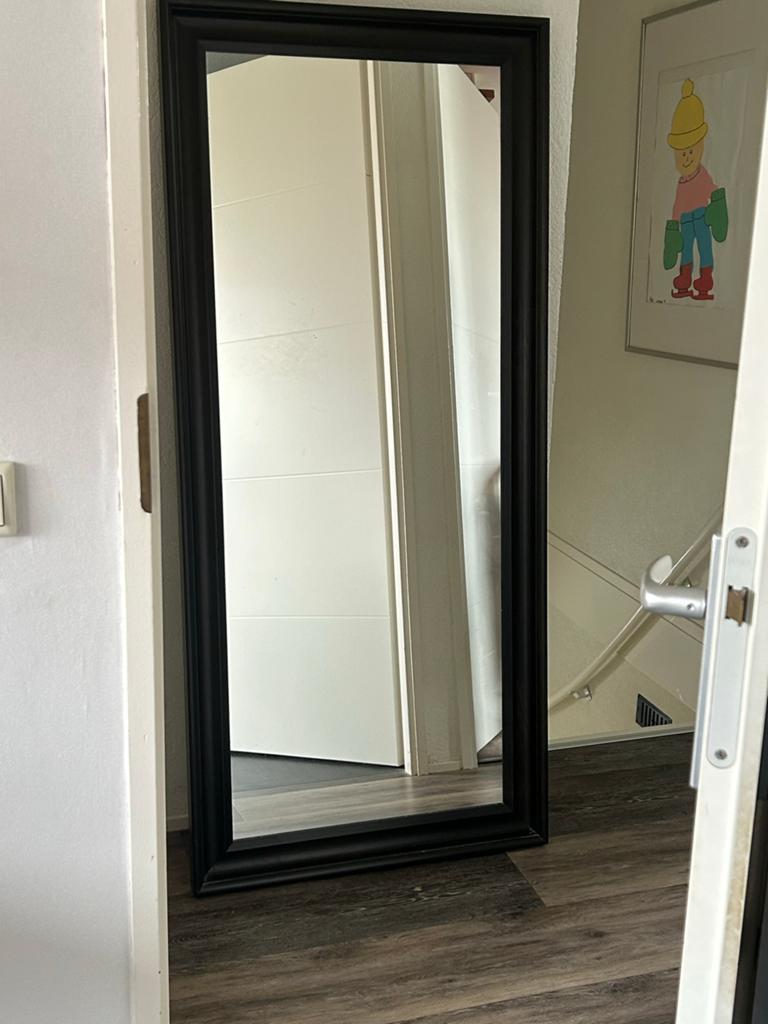 Grote zwarte passpiegel met klassieke lijst, Ophalen, Gebruikt, 150 tot 200 cm, Rechthoekig