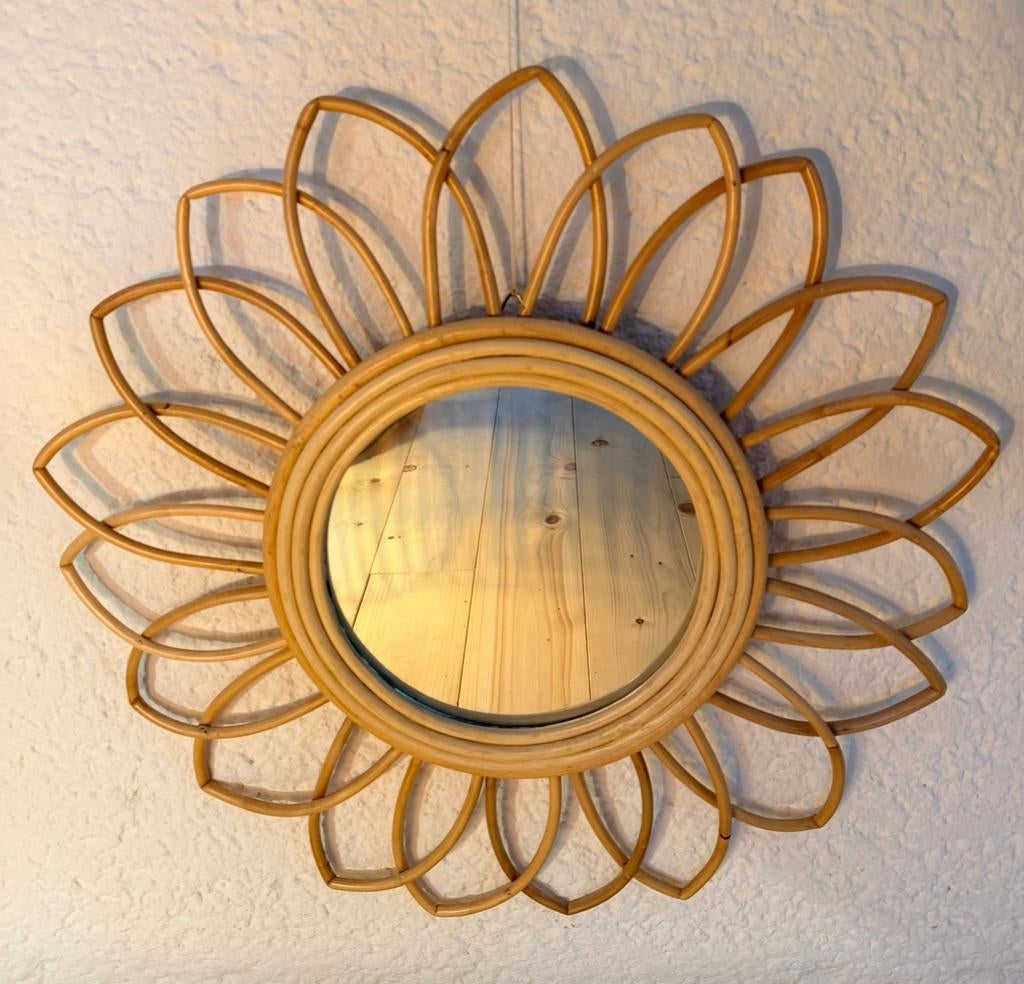 Rotan spiegel, ibiza/bohemian stijl, Huis en Inrichting, Woonaccessoires | Spiegels, Ophalen, Rond, Nieuw, Minder dan 100 cm