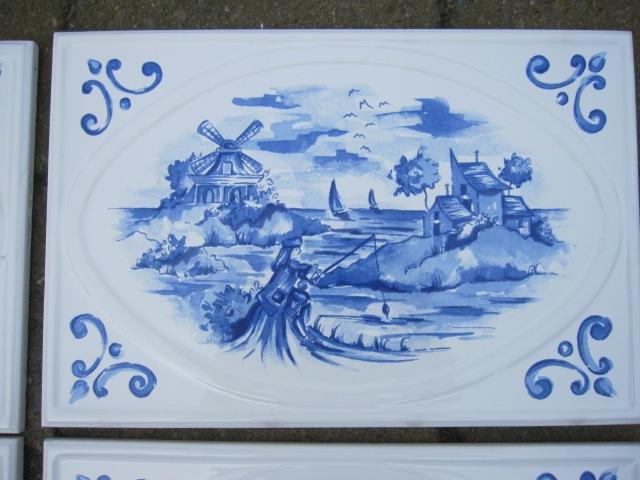 Set van 4 stuks 20x30 cm witte tegel met blauwe afbeelding, Huis en Inrichting, Ophalen of Verzenden, Nieuw, Steen/keramiek
