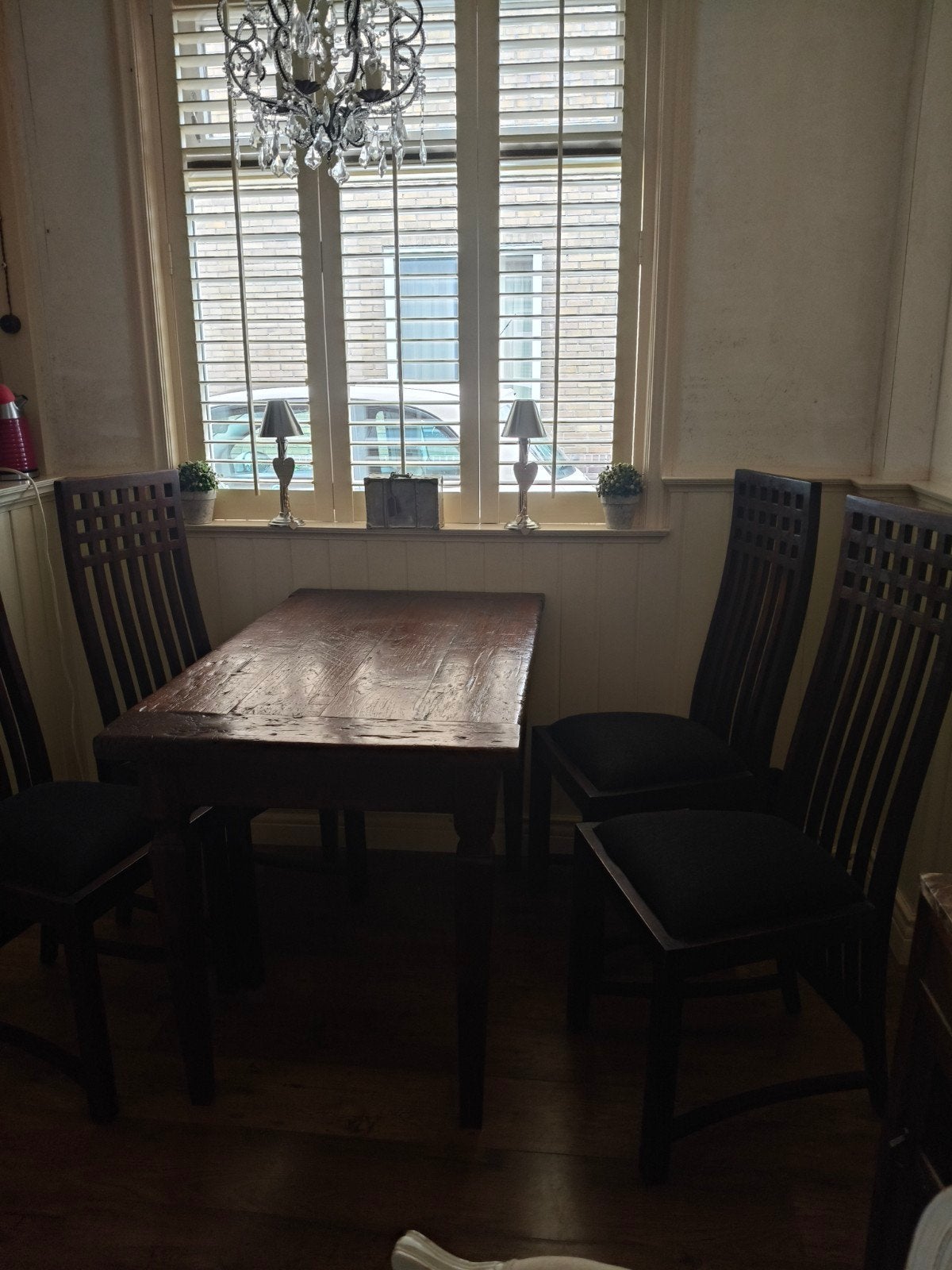 teak houten eettafel met 4 stoelen - Massief hout., Ophalen, Gebruikt, Teakhout, 50 tot 100 cm