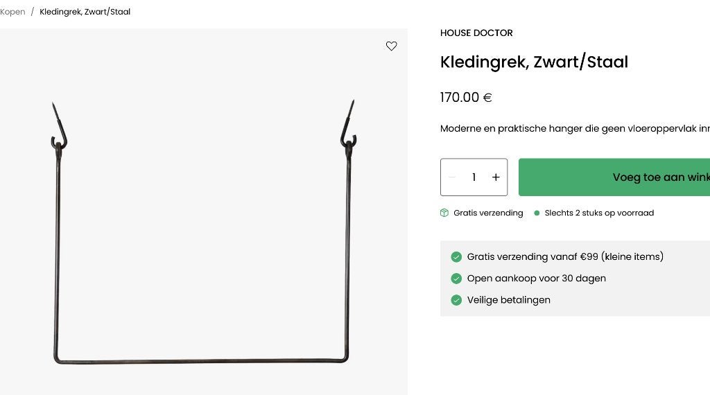 House Doctor Kledingrek Zwart/Staal, Ophalen, Overige typen, Zo goed als nieuw, Minder dan 100 cm