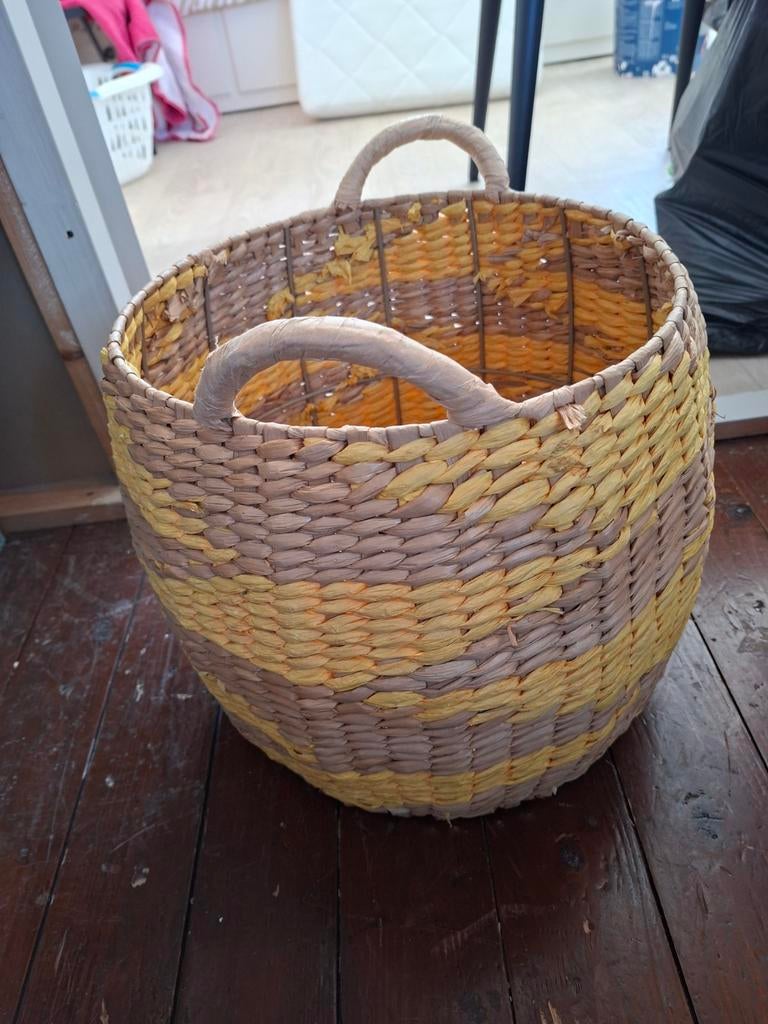 Gevlochten mand okergeel - Decoratieve opberger, Ophalen, Gebruikt, Mand, Rond