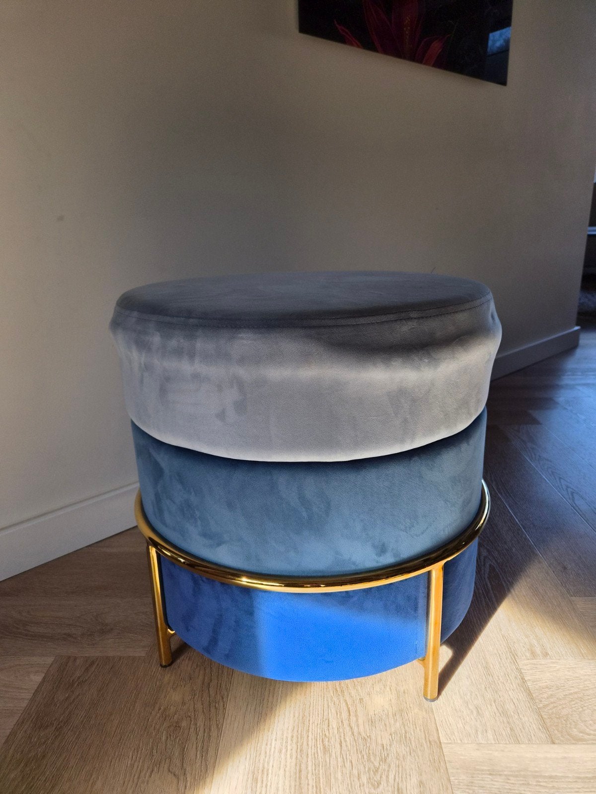 blauwe velvet poef, Ophalen, Minder dan 50 cm, Rond, Minder dan 50 cm