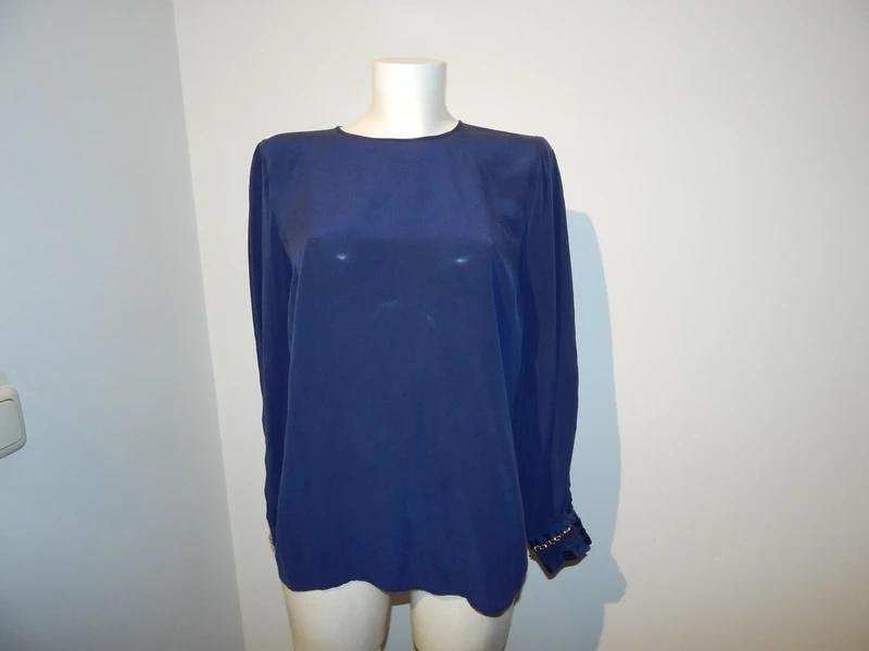Elisabetta Franchi nacht blauwe zijde top ketting mouwI44, Maat 38/40 (M), Lange mouw, Gedragen, Elisabetta Franchi