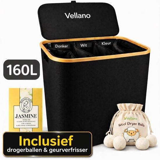 Nieuw Vellano zwart Wasmand 3 Vakken met Deksel 160L, Ophalen of Verzenden, Nieuw