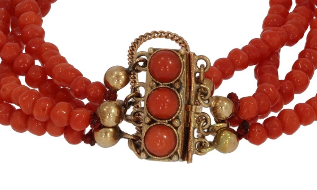 Bloedkoraal fraai antieke armband 14k slot goud dame vintage, Verzenden, Goud, Armband, Met edelsteen