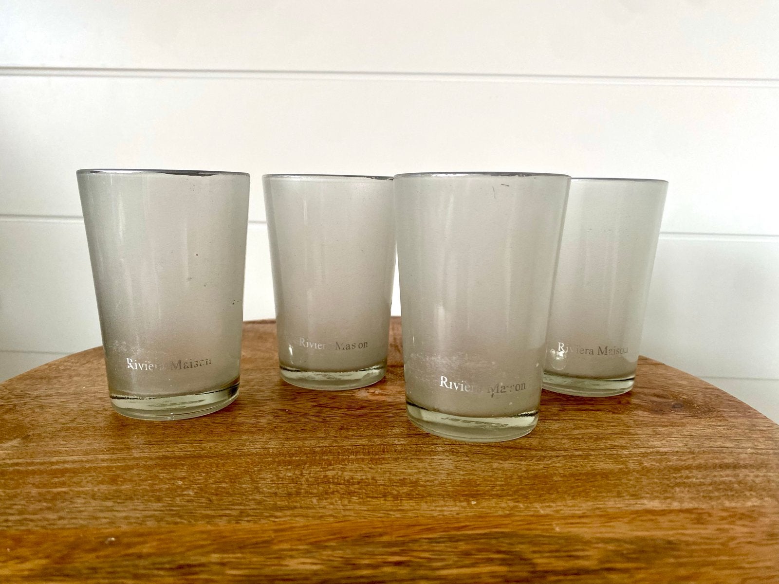 Set van 4 Riviera Maison theelichthouders/glaasjes, Ophalen of Verzenden, Gebruikt, Wit, Glas