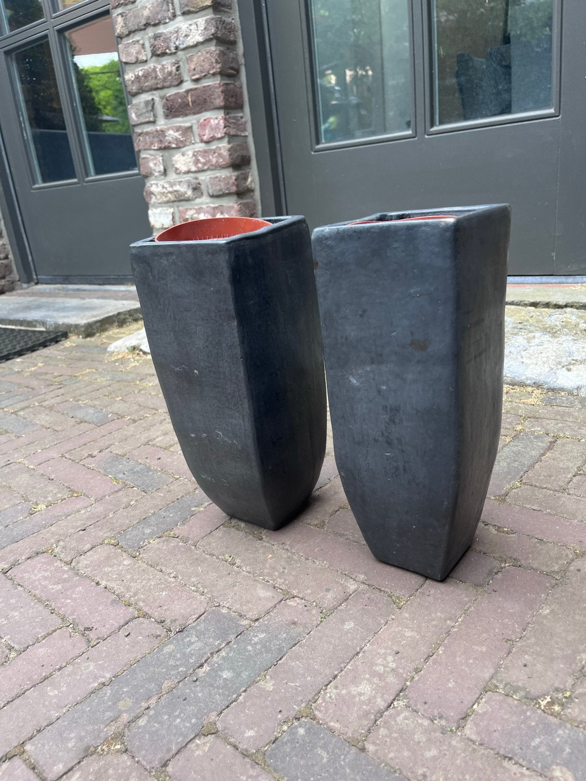 Set van 2 stijlvolle aardewerk plantenbakken - 13x13x34 cm, Tuin en Terras, Ophalen, Overige materialen, Gebruikt, Minder dan 60 cm