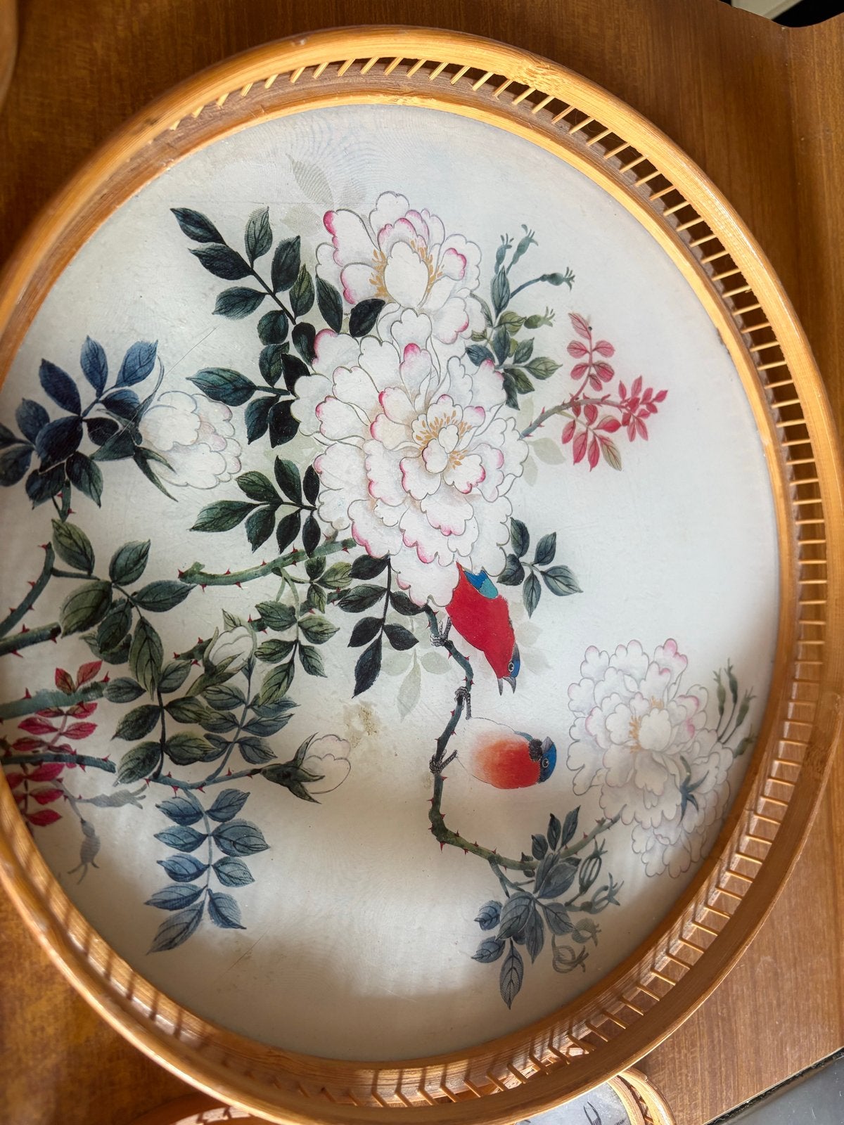 Vintage Chinese bamboe dienblad met onderzetters, Huis en Inrichting, Woonaccessoires | Dienbladen, Ophalen of Verzenden, Rond