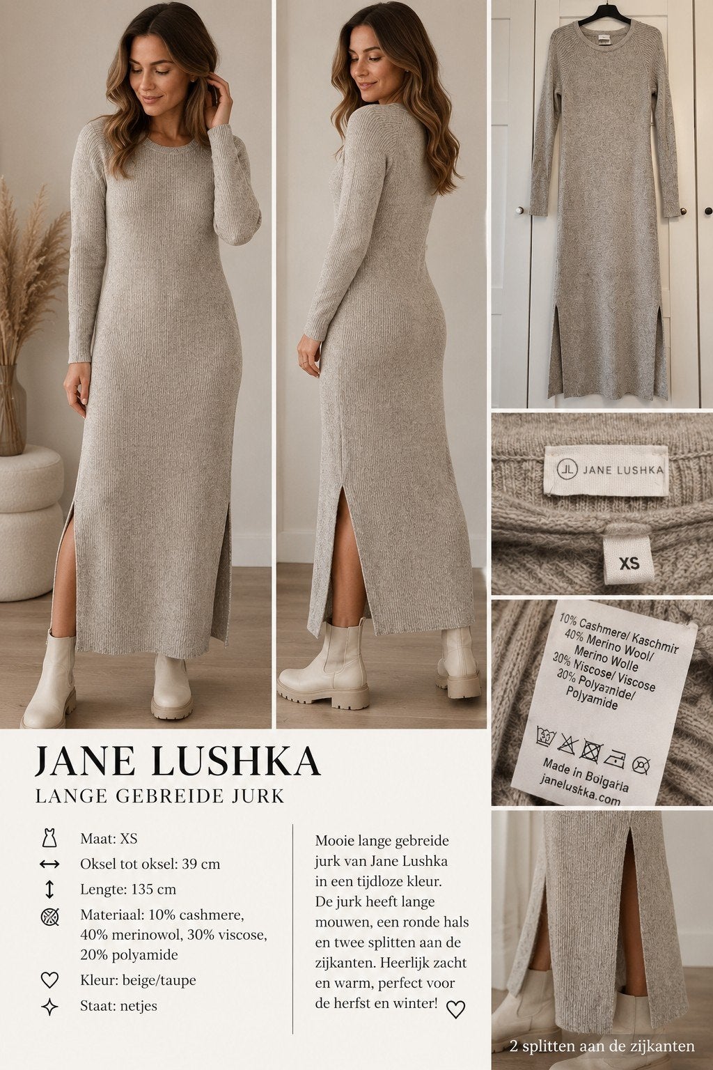 Jane Lushka lange gebreide jurk XS – cashmere mix, Kleding | Dames, Beige, Ophalen of Verzenden, Zo goed als nieuw, Jane Lushka