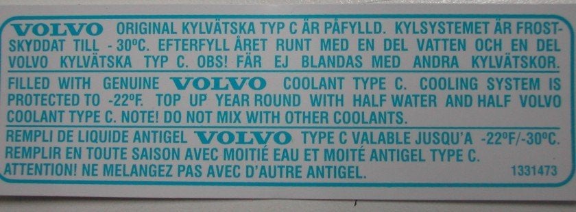 Sticker . Volvo 240 244 245 262c 264 265 tbv koelvloeistof., Ophalen of Verzenden, Nieuw