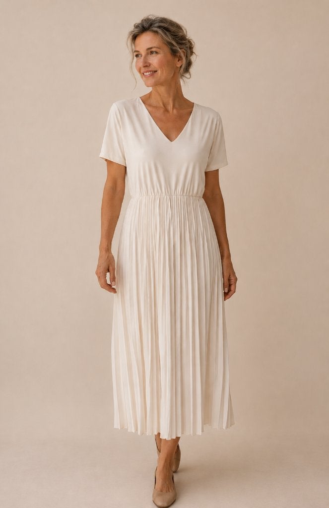Max Mara Crèmewitte Geplisseerde Jurk Quiet Luxury EU 38 40, Maat 38/40 (M), Overige kleuren, Verzenden, Max Mara