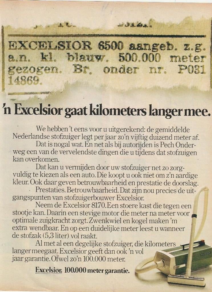 Retro reclame 1977 Excelsior stofzuiger groen jaren 70, Ophalen of Verzenden, Overige typen
