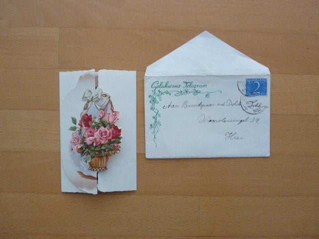Gelukwens telegram Hartelijk gefeliciteerd met uw huwelijk, Verzamelen, Ophalen of Verzenden, 1940 tot 1960, Gelopen