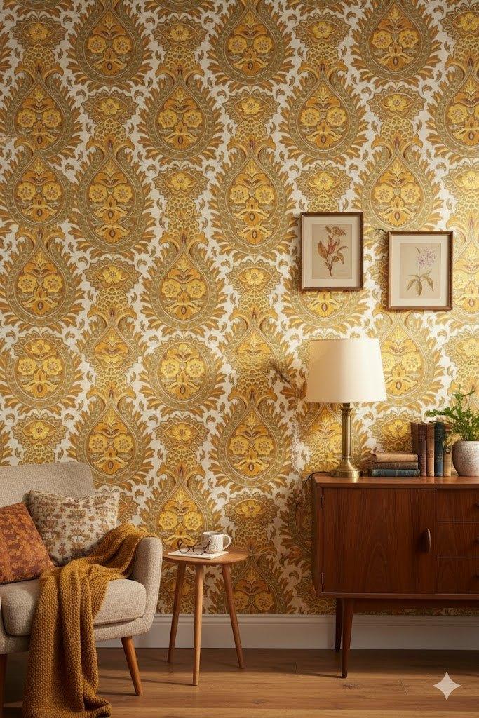 6876 Oker paisley behang warm oker en olijf vintage swiet, Huis en Inrichting, Stoffering | Behang, Ophalen of Verzenden, 25 tot 50 m²