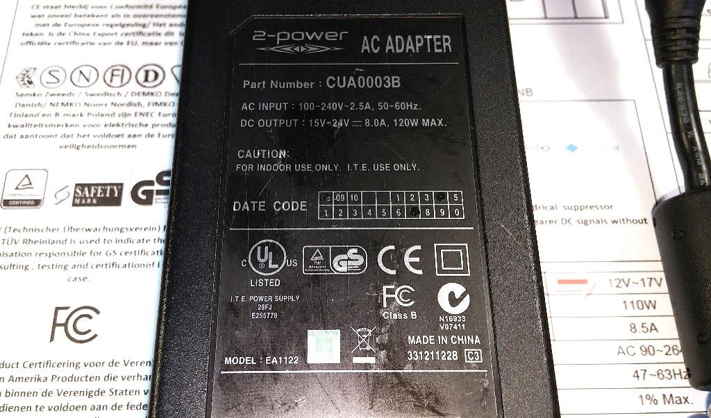 2-Power EDAC EA1122 19.5V 8A 20V 6A 24V 120W Adapter 2.5x5.5, Ophalen of Verzenden, Refurbished