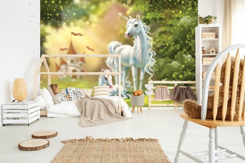 Fotobehang / Behang - Kinderkamer - Unicorn in Elfenland, Ophalen of Verzenden, Minder dan 10 m², Info@fotobehangkoning.nl, Groen