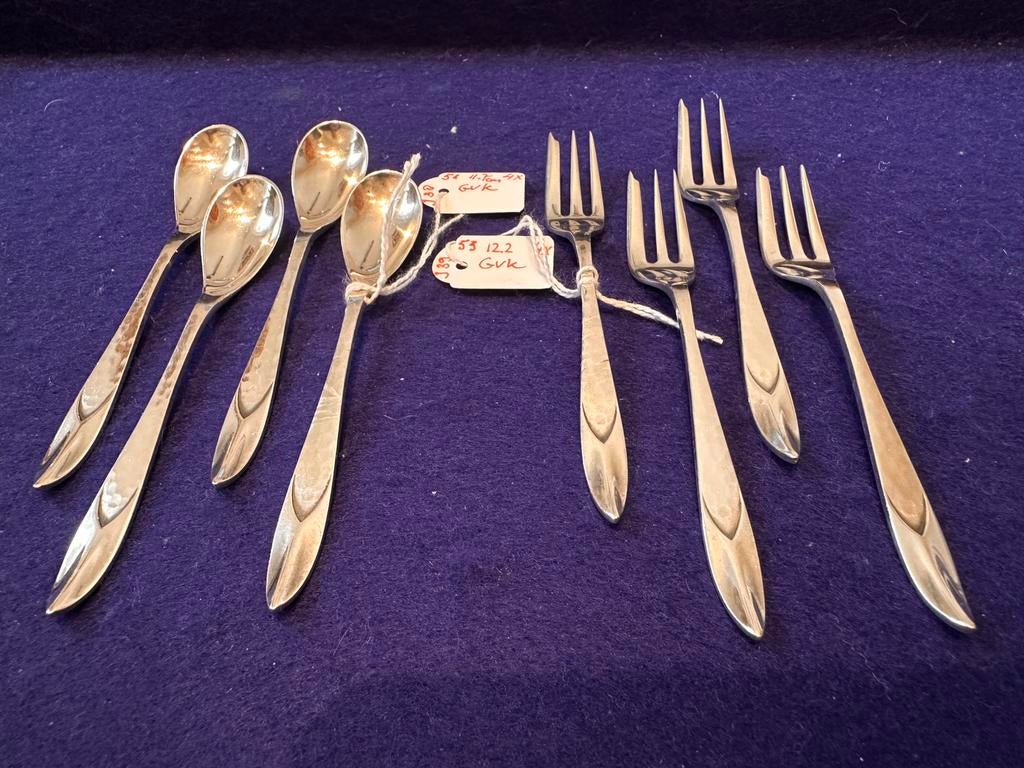 4 gehamerde Art Deco koffielepels en dito gebaksvorkjes GvK, Ophalen of Verzenden