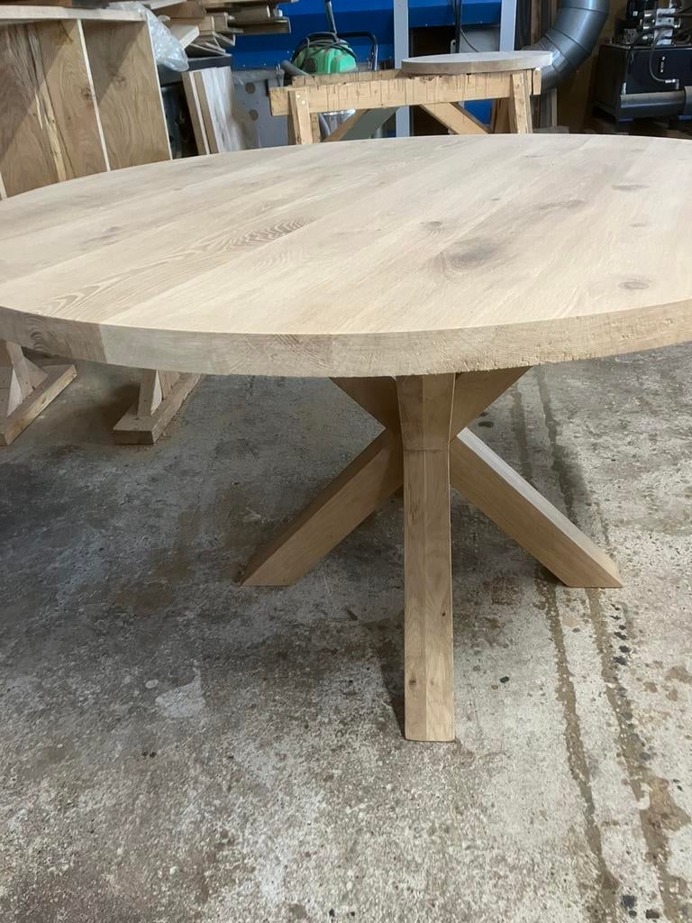 Eiken ronde tafelblad diverse foto van tafels op maat gemaak, Ophalen, 100 tot 150 cm, Zo goed als nieuw, Vijf personen of meer