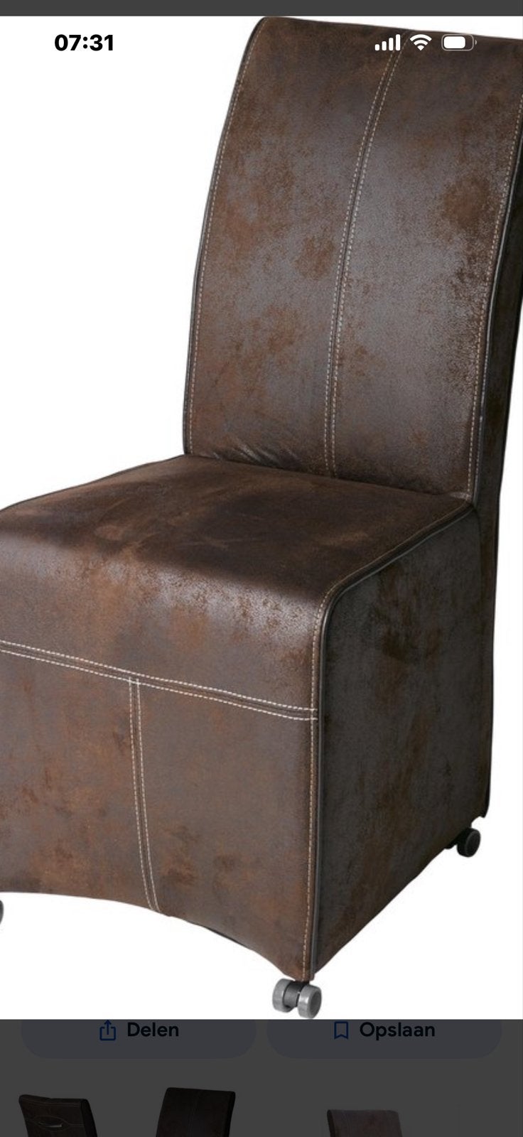 6 x Bruine Eetkamerstoel met Wieltjes + eettafel, Ophalen, Gebruikt, Bruin, Vijf, Zes of meer stoelen